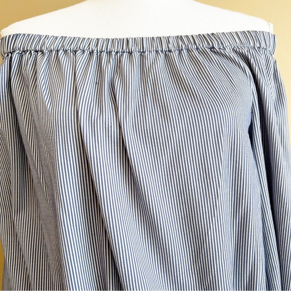 THEORY Odetta stretch off shoulder blouse seersucker size small blue white - Picture 2 of 8
